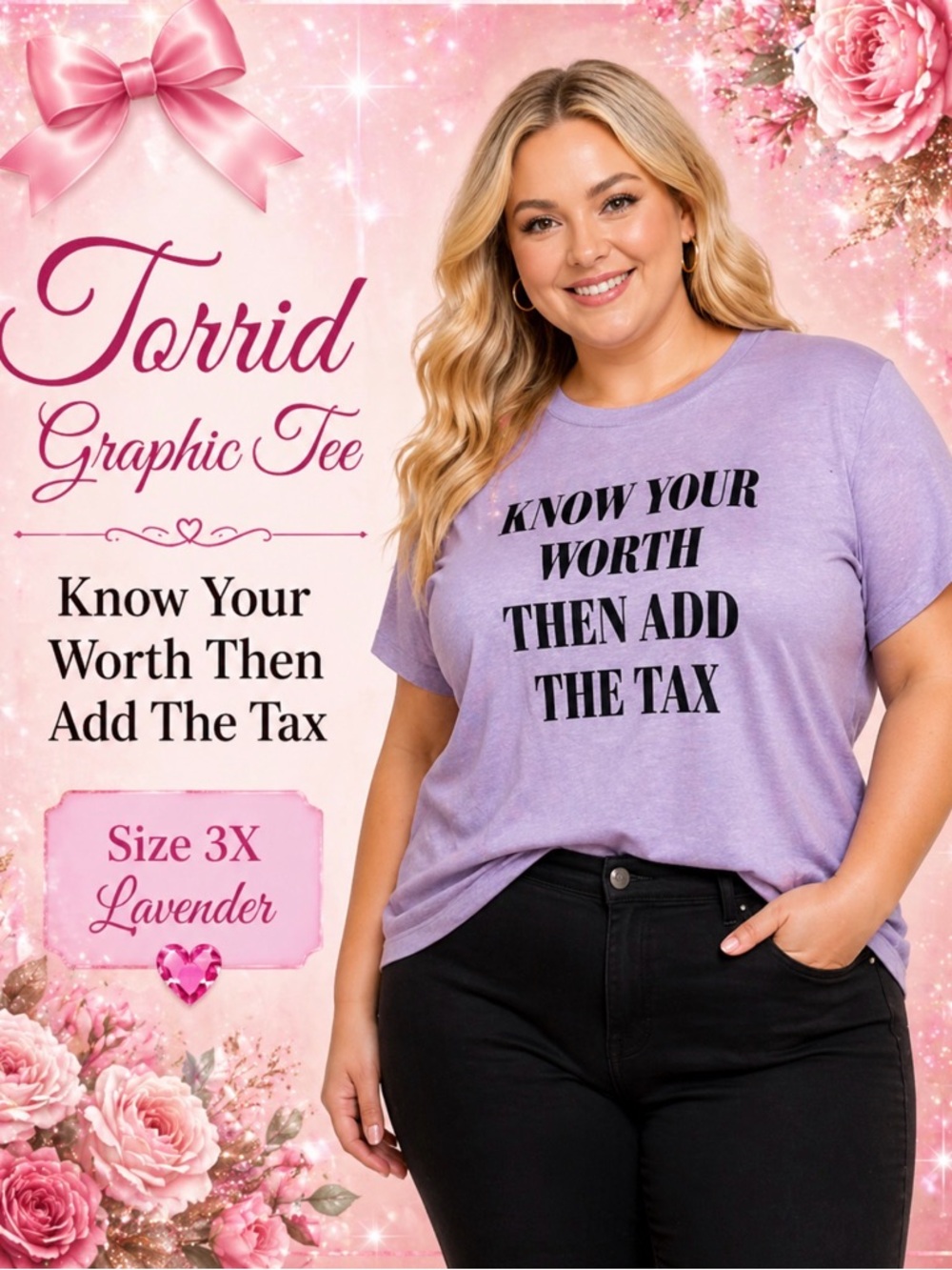 Torrid Know Your Worth Then Add The Tax Graphic Tee Lavender 3X NWOT